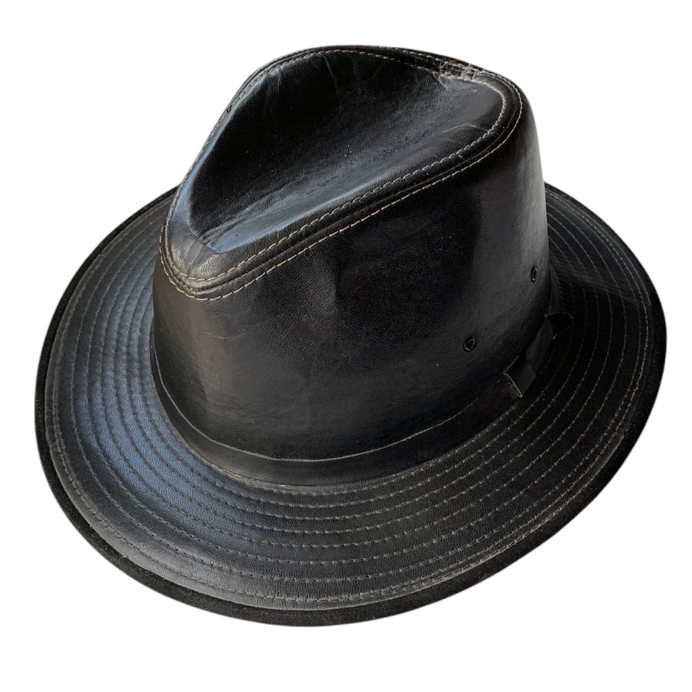 Vintage Byrnes & Baker Black Leather Fedora Traveller Hat Mens Size Large